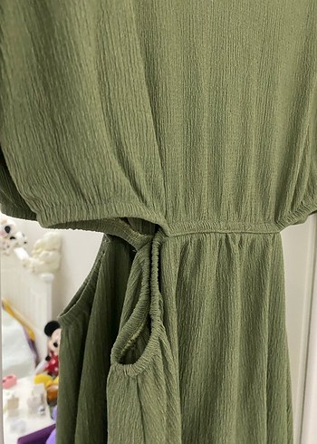 Kadın Haki Keten V Yaka Bol Kesim Tulum - Görsel 5