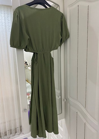 Kadın Haki Keten V Yaka Bol Kesim Tulum - Görsel 3