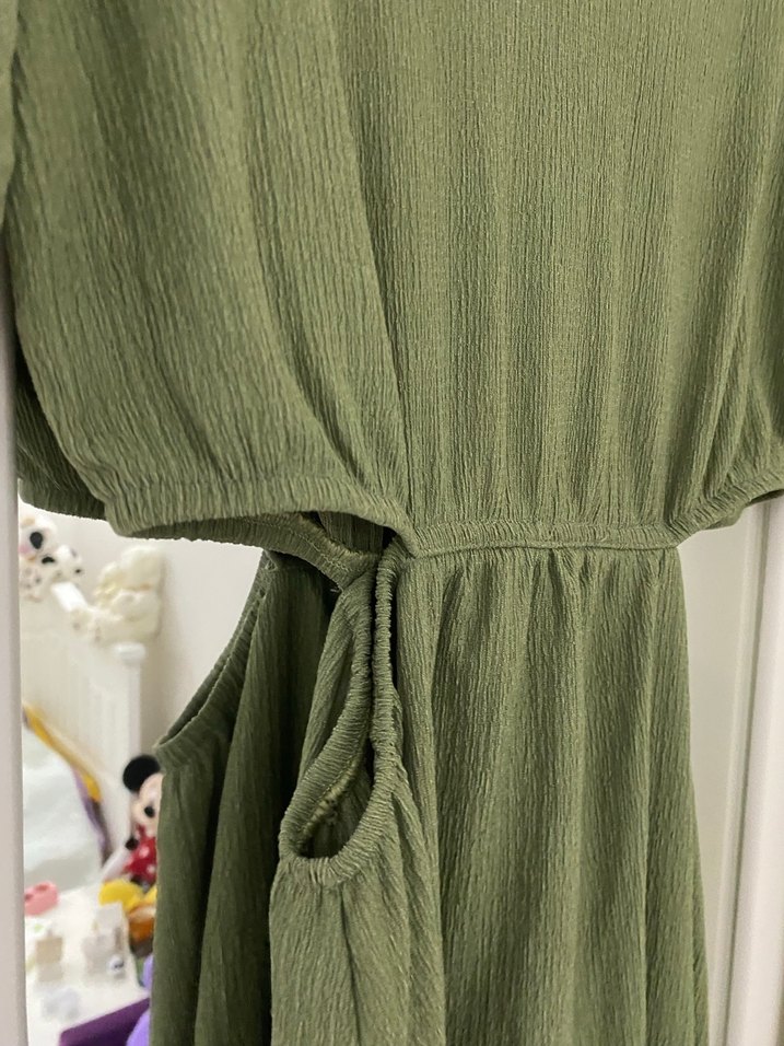 Kadın Haki Keten V Yaka Bol Kesim Tulum - Görsel 5