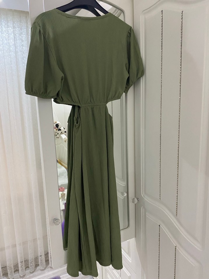 Kadın Haki Keten V Yaka Bol Kesim Tulum - Görsel 3