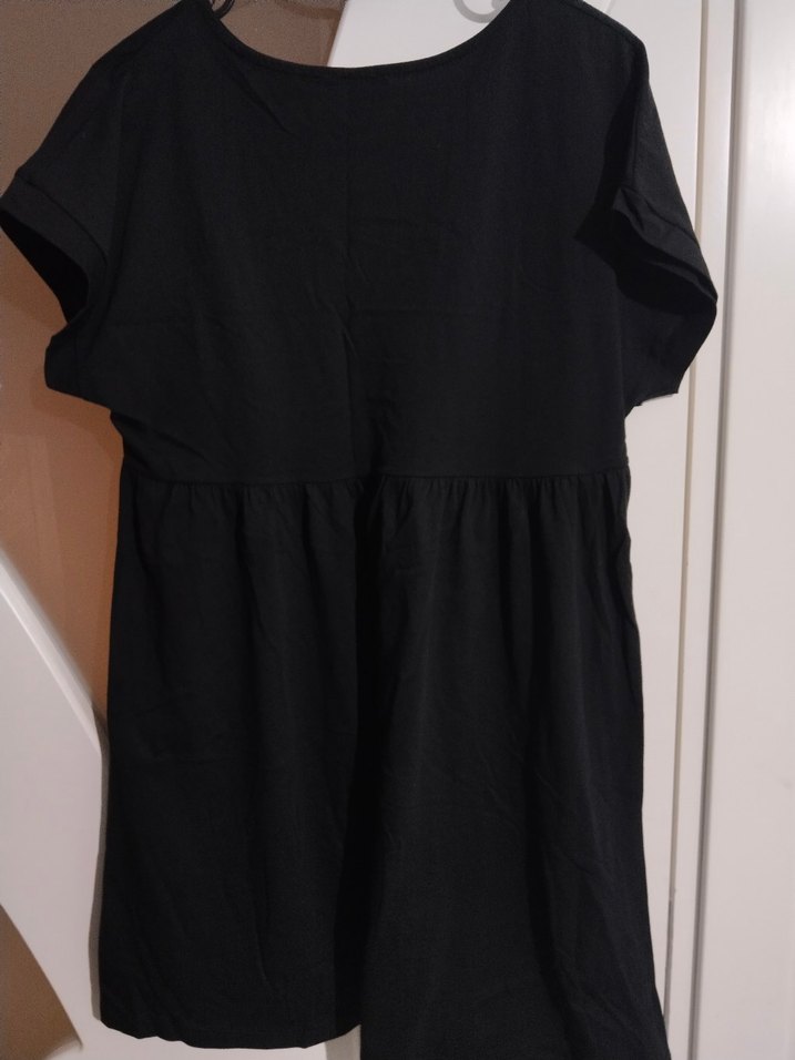 Siyah Midi Pamuklu Elbise, Kısa Kollu, Salaş Kesim - Görsel 2