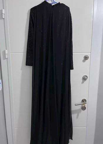 Uzun Kollu Siyah Drapeli Uzun Abiye Elbise - Görsel 3