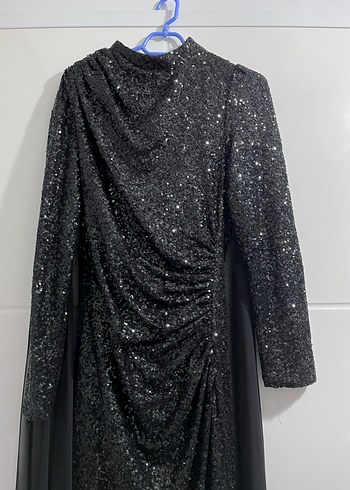 Uzun Kollu Siyah Drapeli Uzun Abiye Elbise - Görsel 2