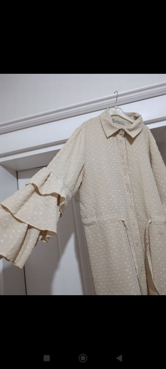 Bej Uzun Kollu Fırfırlı Keten Kadın gömlek - Görsel 2