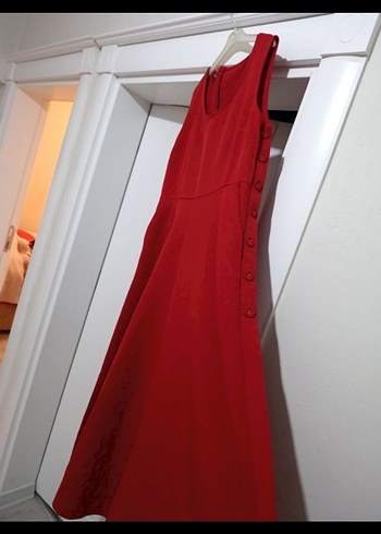 Düğmeli Kırmızı Uzun Kadın jile Elbise - Görsel 2