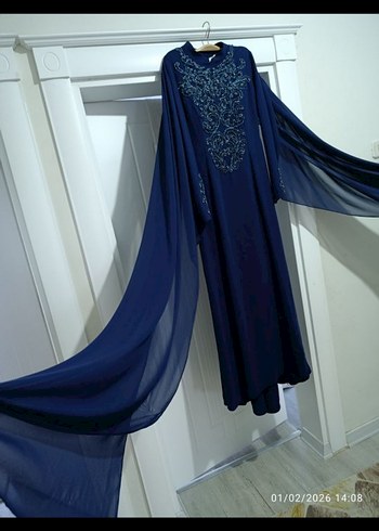 Mavi İşlemeli Uzun Abiye Elbise - Görsel 3