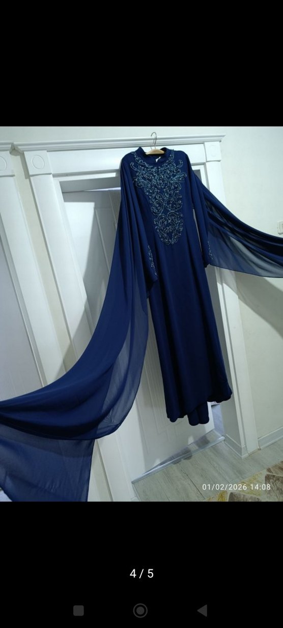 Mavi İşlemeli Uzun Abiye Elbise - Görsel 3