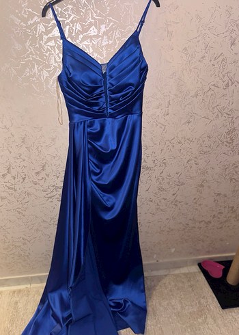 Parlak Lacivert Uzun Drapeli Abiye Elbise - Görsel 3