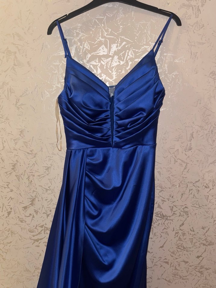 Parlak Lacivert Uzun Drapeli Abiye Elbise - Görsel 2