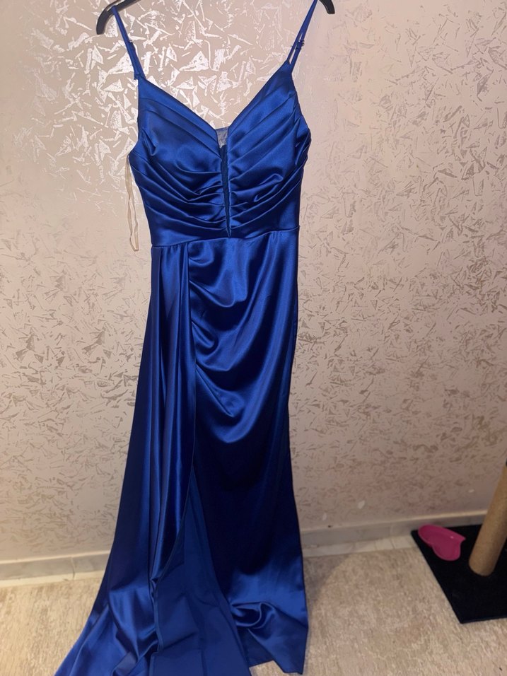 Parlak Lacivert Uzun Drapeli Abiye Elbise - Görsel 3