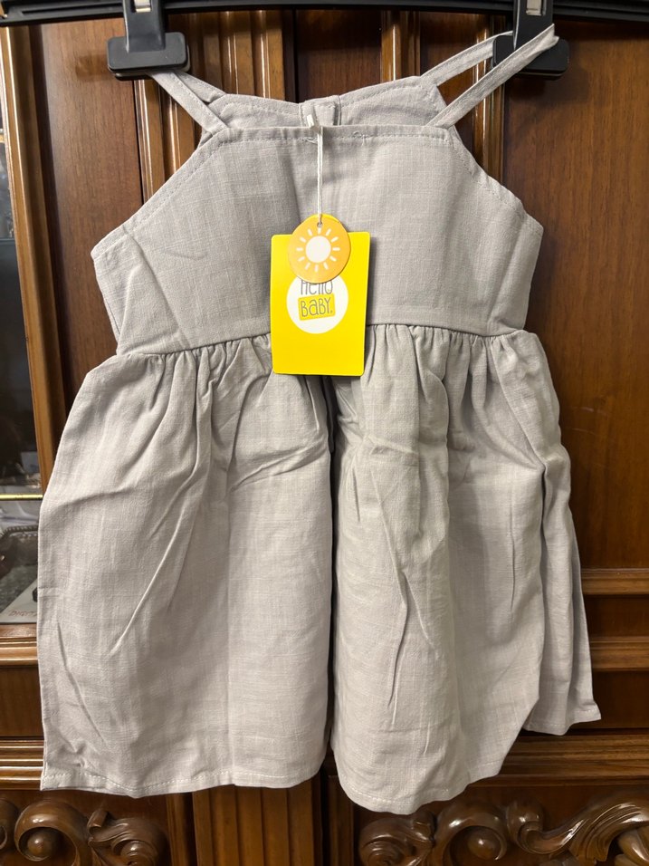 Kız Çocuk Bej Keten Düğmeli Elbise - Görsel 4