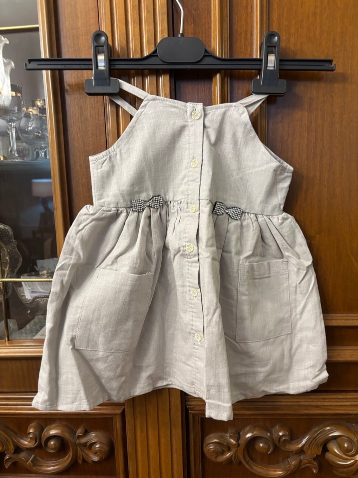 Kız Çocuk Bej Keten Düğmeli Elbise - Görsel 2