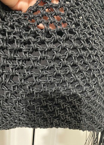 Püsküllü Siyah Örgü Bohem Kadın Çanta - Görsel 8