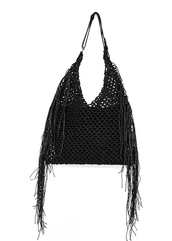 Püsküllü Siyah Örgü Bohem Kadın Çanta - Görsel 6