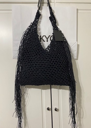 Püsküllü Siyah Örgü Bohem Kadın Çanta - Görsel 3