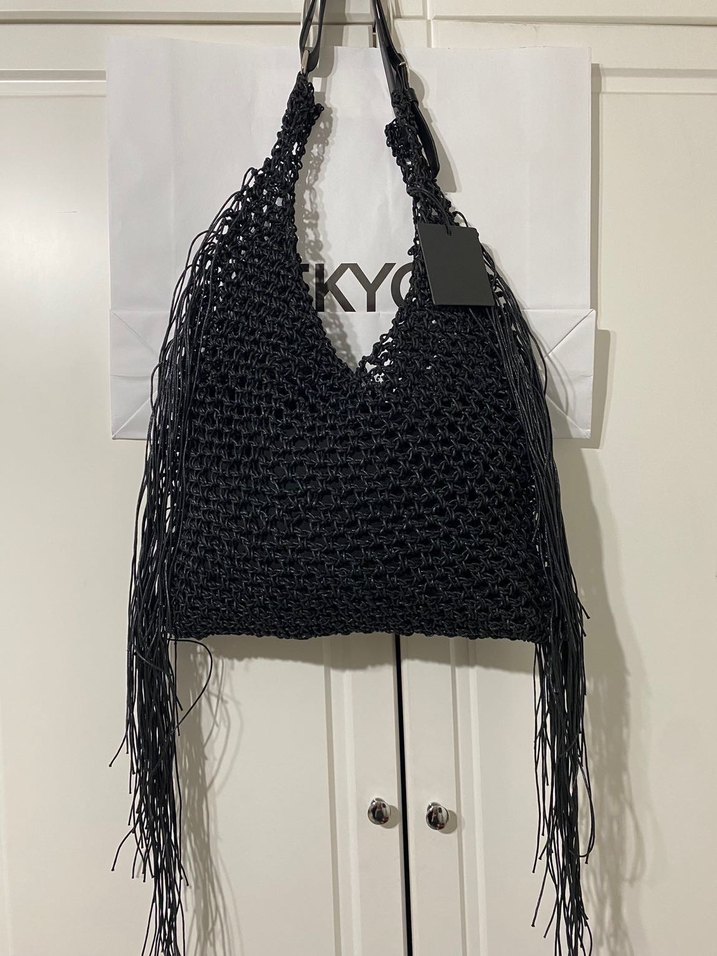 Püsküllü Siyah Örgü Bohem Kadın Çanta - Görsel 3