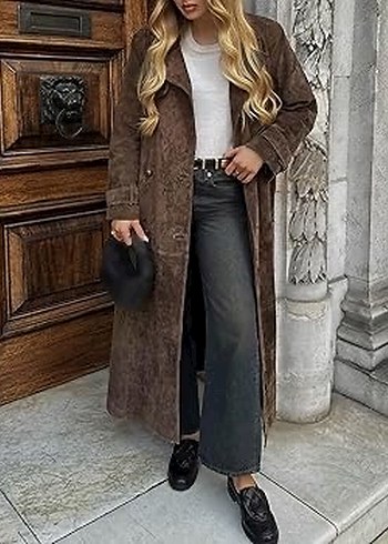 Kadın Kahverengi Süet Uzun Trençkot - Görsel 4