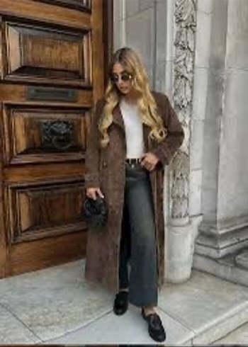 Kadın Kahverengi Süet Uzun Trençkot - Görsel 2