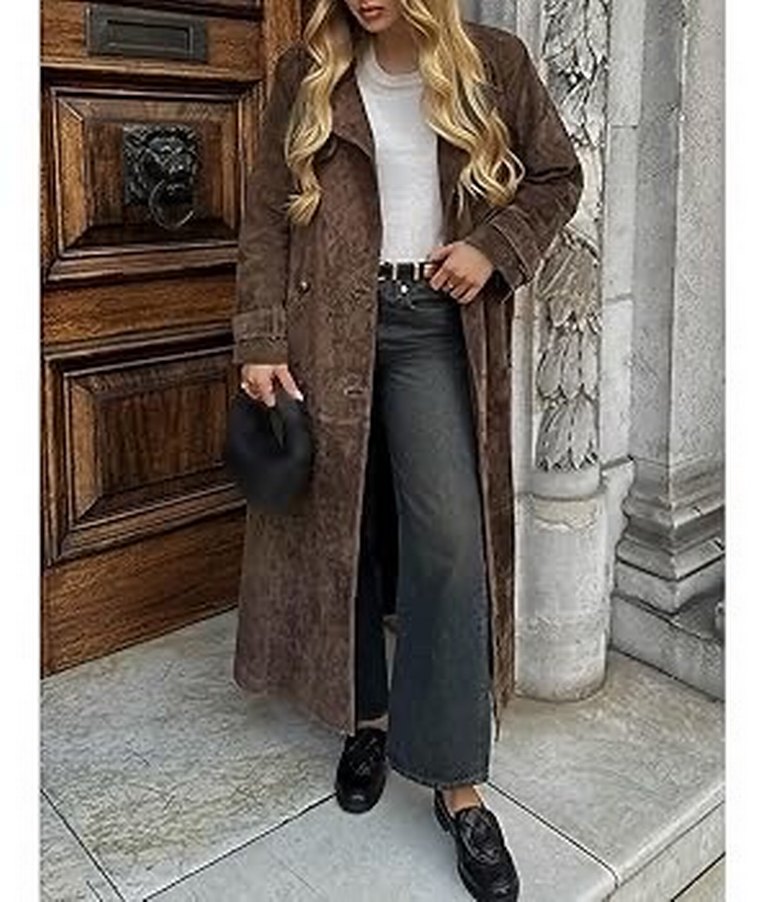 Kadın Kahverengi Süet Uzun Trençkot - Görsel 4