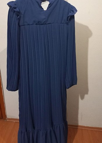 Lacivert Piliseli Uzun Kollu Kadın Elbise - Görsel 2