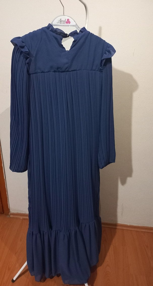 Lacivert Piliseli Uzun Kollu Kadın Elbise - Görsel 2