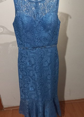 Dantel Detaylı Lacivert Uzun Abiye Elbise - Görsel 2