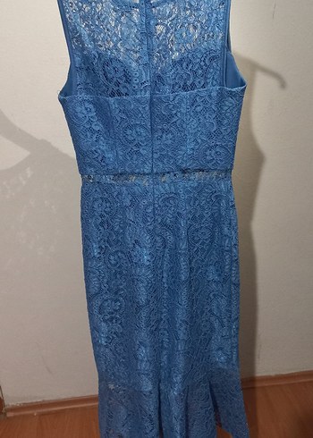 Dantel Detaylı Lacivert Uzun Abiye Elbise - Görsel 4