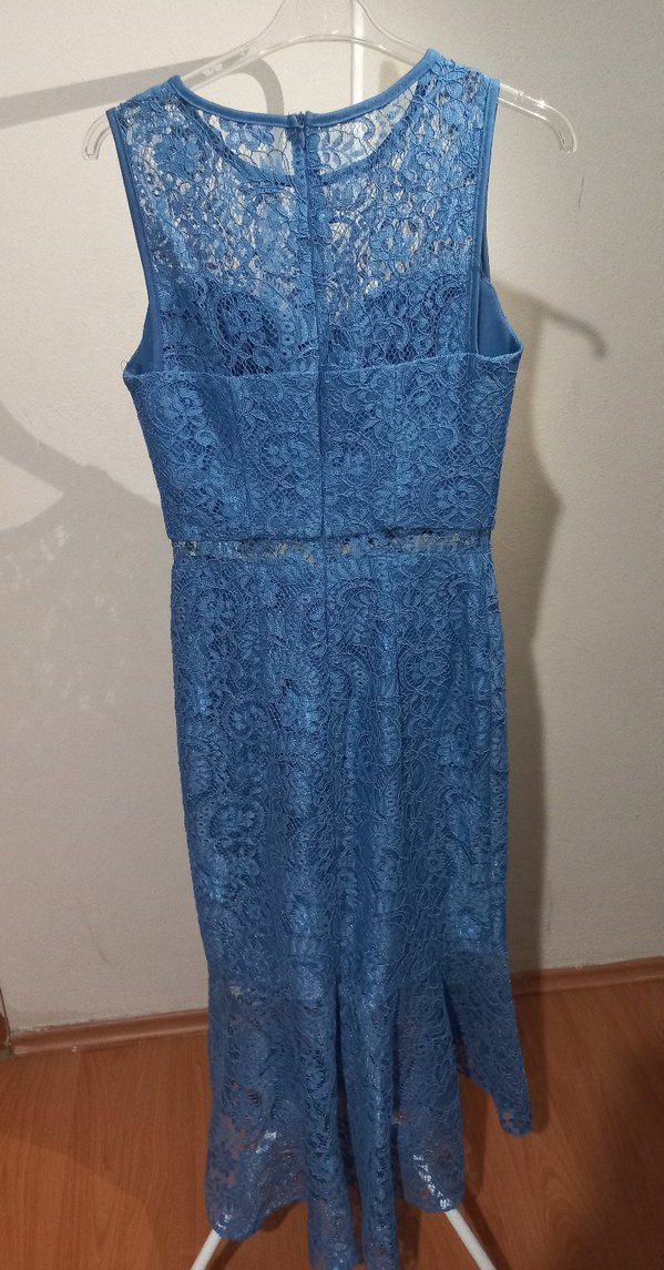 Dantel Detaylı Lacivert Uzun Abiye Elbise - Görsel 4