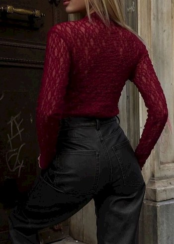 dantel kumaş tasarım bordo renk bluz - Görsel 3