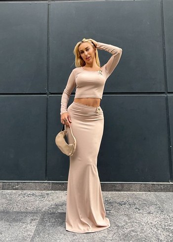 Bej Uzun Sade Kadın Elbise - Görsel 3