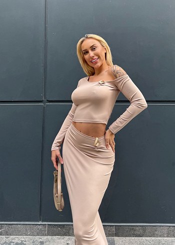 Bej Uzun Sade Kadın Elbise - Görsel 2