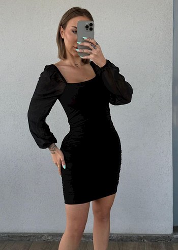 Şeffaf Uzun Kollu Siyah Mini Elbise - Görsel 2