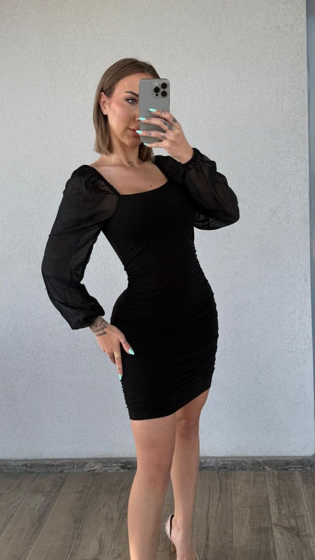 Şeffaf Uzun Kollu Siyah Mini Elbise - Görsel 4