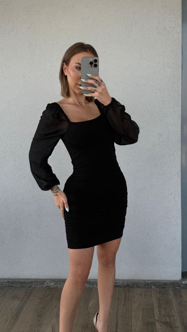 Şeffaf Uzun Kollu Siyah Mini Elbise - Görsel 2