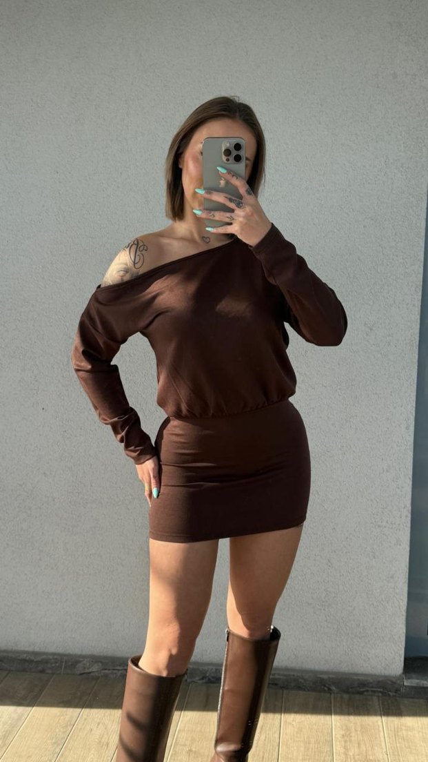 Kahverengi Mini Straplez Elbise - Görsel 3