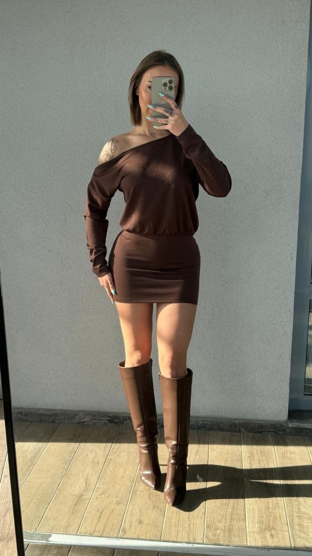 Kahverengi Mini Straplez Elbise - Görsel 4