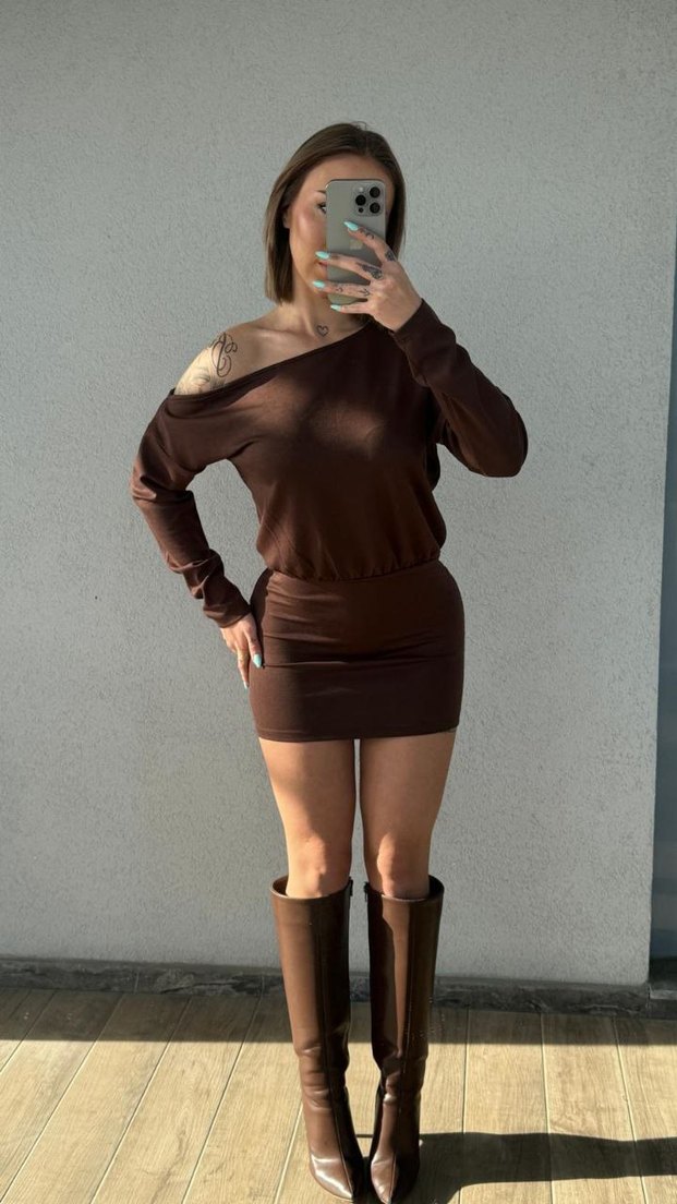 Kahverengi Mini Straplez Elbise - Görsel 2