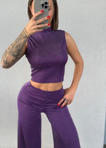 Parlak Mor Midi Bol Paça Kadın Pantolon bluz - Görsel 2