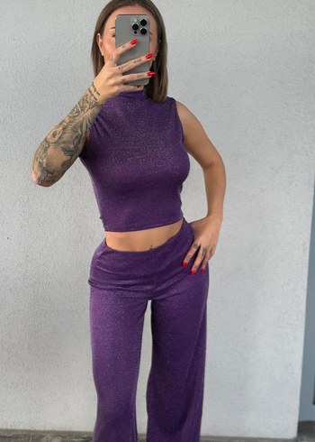 Parlak Mor Midi Bol Paça Kadın Pantolon bluz - Görsel 3