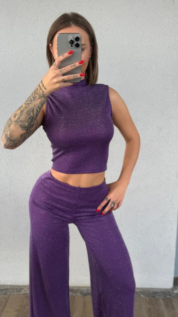 Parlak Mor Midi Bol Paça Kadın Pantolon bluz - Görsel 2