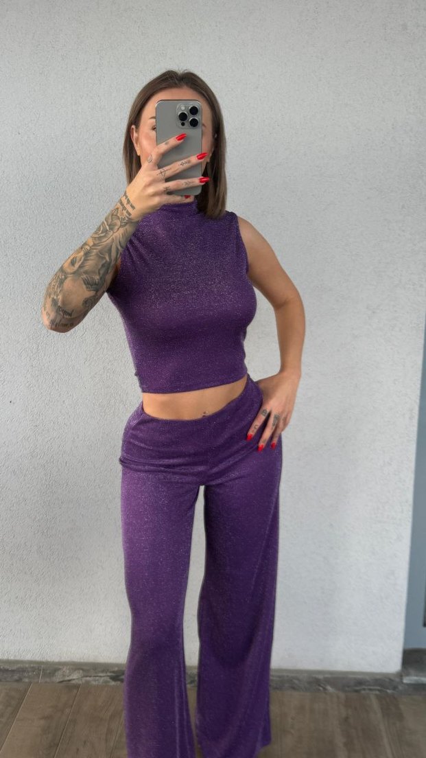 Parlak Mor Midi Bol Paça Kadın Pantolon bluz - Görsel 3