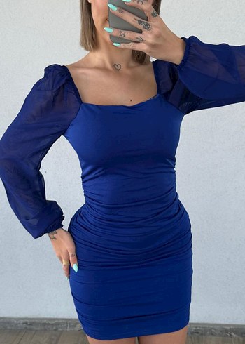 Drapeli Uzun Kollu Mini Mavi Elbise - Görsel 3