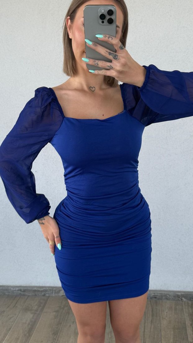 Drapeli Uzun Kollu Mini Mavi Elbise - Görsel 3