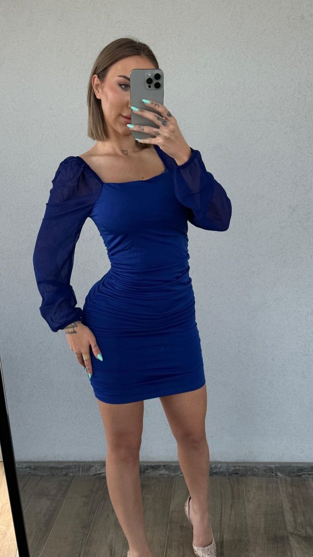 Drapeli Uzun Kollu Mini Mavi Elbise - Görsel 2