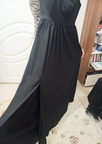 Siyah Uzun V Yaka Askılı elbise - Görsel 4