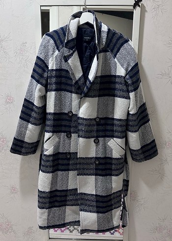 Gri Ekose Desenli Düğmeli Kadın Kaban - Görsel 3