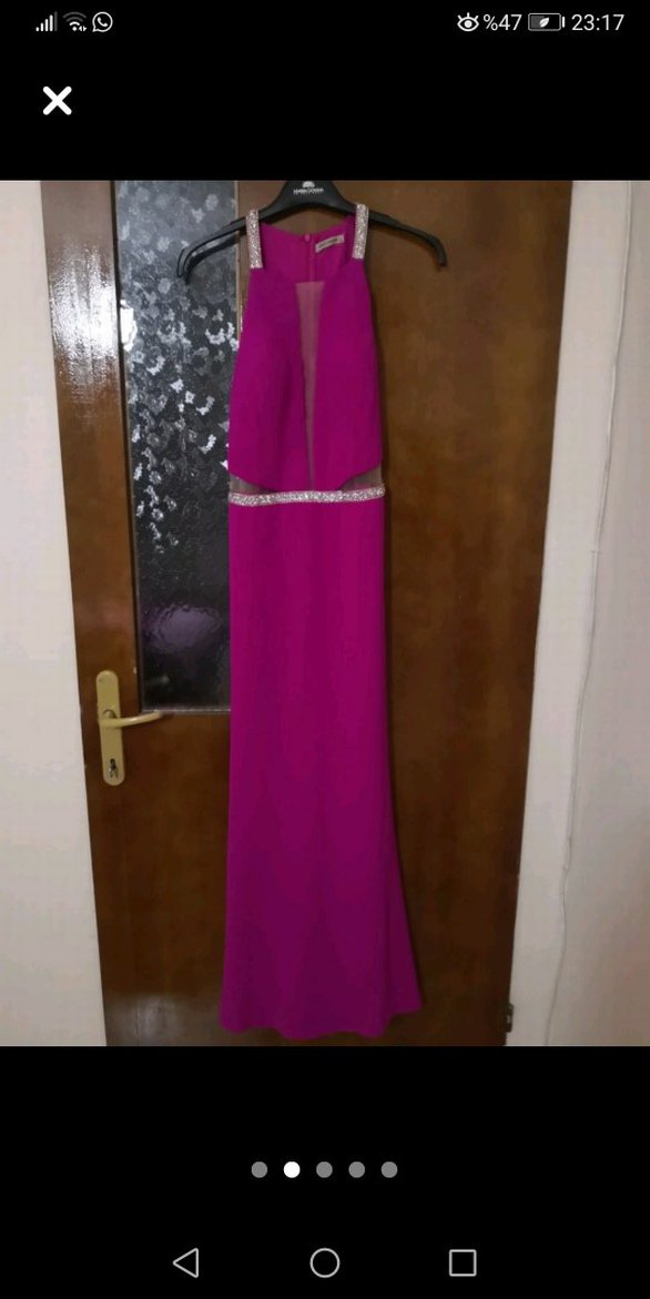 Pembe V Yakalı tüll Detaylı Uzun Abiye Elbise - Görsel 2