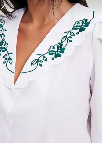 Nakış Detaylı V Yaka Beyaz Kadın Gömlek - Görsel 8