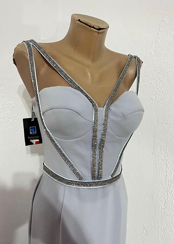 Gri İşlemeli Uzun Abiye Elbise - Görsel 2