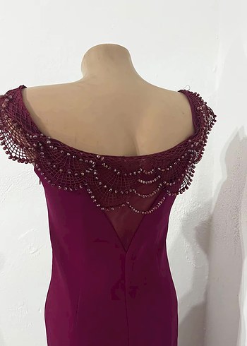 Bordo Straplez İşlemeli Uzun Abiye Elbise - Görsel 8